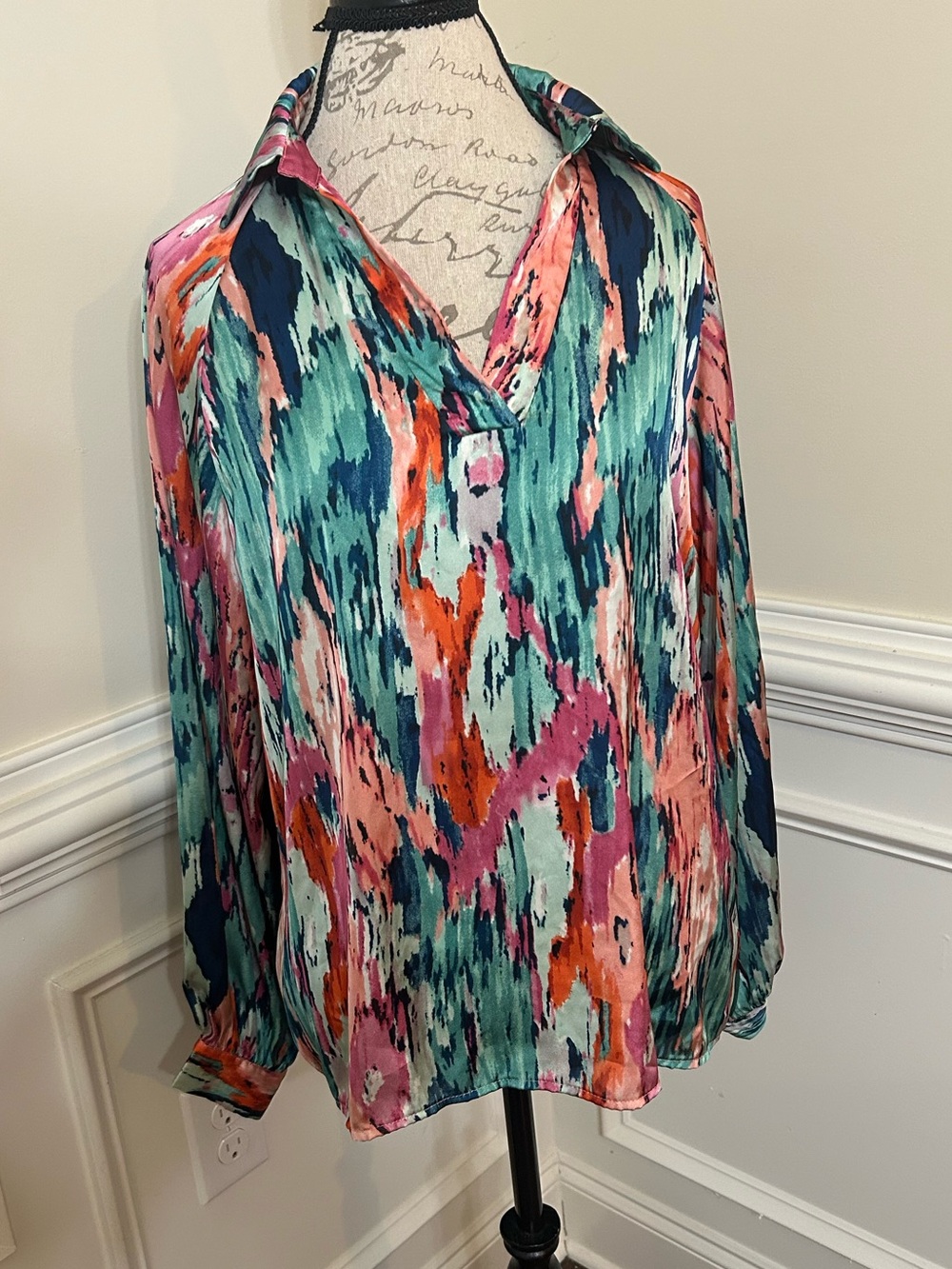Silky Printed Oversized V-Neck Blouse in Teal Multi
